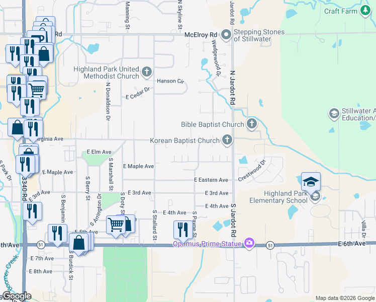 map of restaurants, bars, coffee shops, grocery stores, and more near 110 South Blair Street in Stillwater
