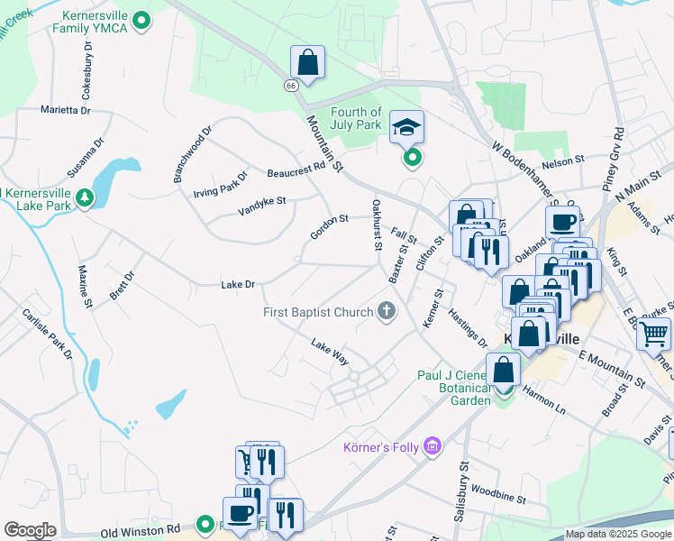 map of restaurants, bars, coffee shops, grocery stores, and more near 519 Lake Drive in Kernersville