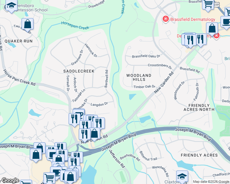 map of restaurants, bars, coffee shops, grocery stores, and more near 3709 Timber Oak Drive in Greensboro