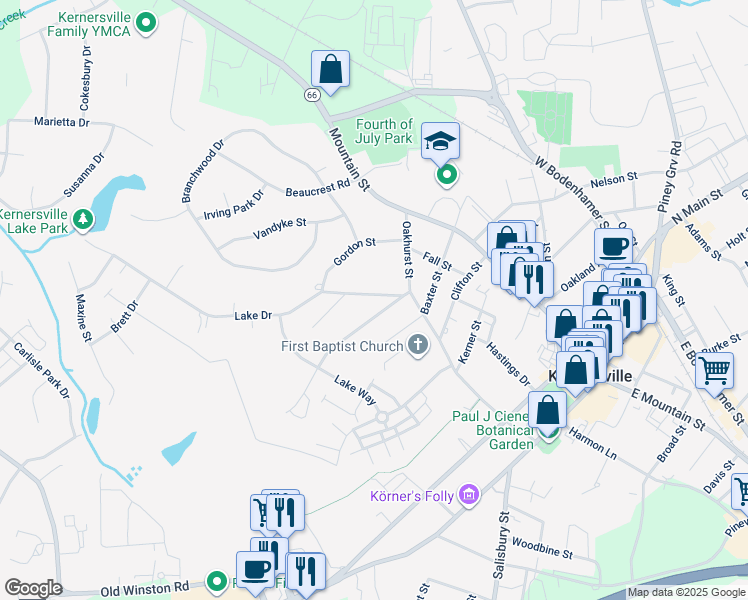 map of restaurants, bars, coffee shops, grocery stores, and more near 515 Lake Drive in Kernersville