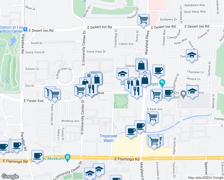 map of restaurants, bars, coffee shops, grocery stores, and more near 3665 Cambridge Street in Las Vegas