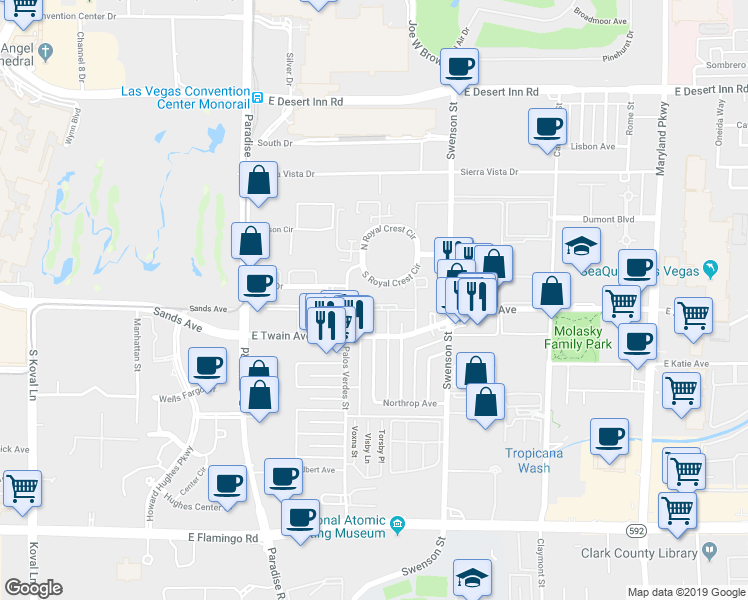 map of restaurants, bars, coffee shops, grocery stores, and more near 575 South Royal Crest Circle in Las Vegas