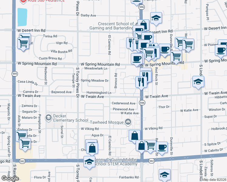 map of restaurants, bars, coffee shops, grocery stores, and more near 3636 Bronco Road in Las Vegas