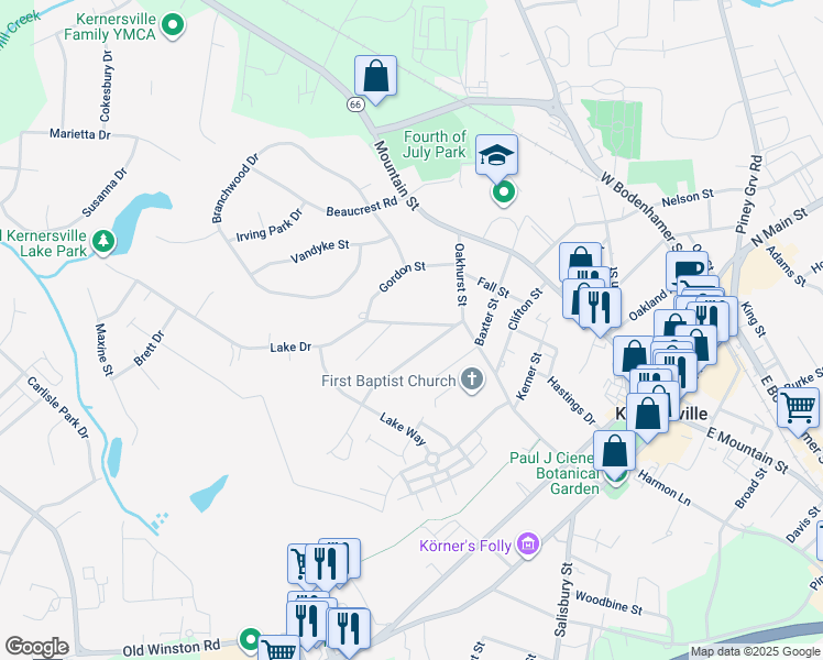 map of restaurants, bars, coffee shops, grocery stores, and more near 519 Lake Drive in Kernersville