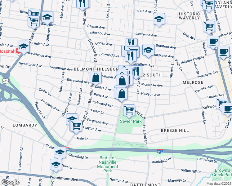 map of restaurants, bars, coffee shops, grocery stores, and more near 1212 Dallas Avenue in Nashville
