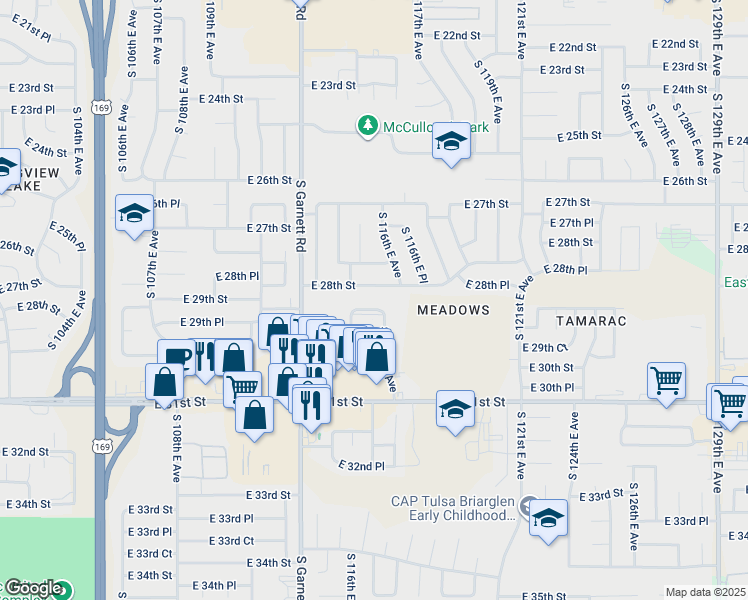 map of restaurants, bars, coffee shops, grocery stores, and more near 11512 East 28th Street in Tulsa