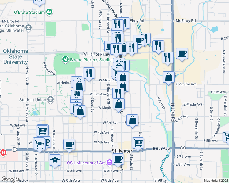 map of restaurants, bars, coffee shops, grocery stores, and more near 115 North Main Street in Stillwater