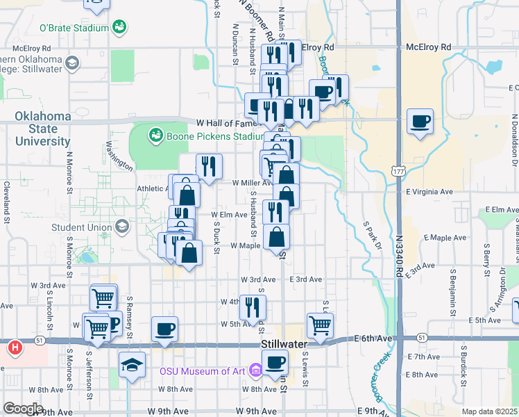 map of restaurants, bars, coffee shops, grocery stores, and more near 120 N3330 Road in Stillwater