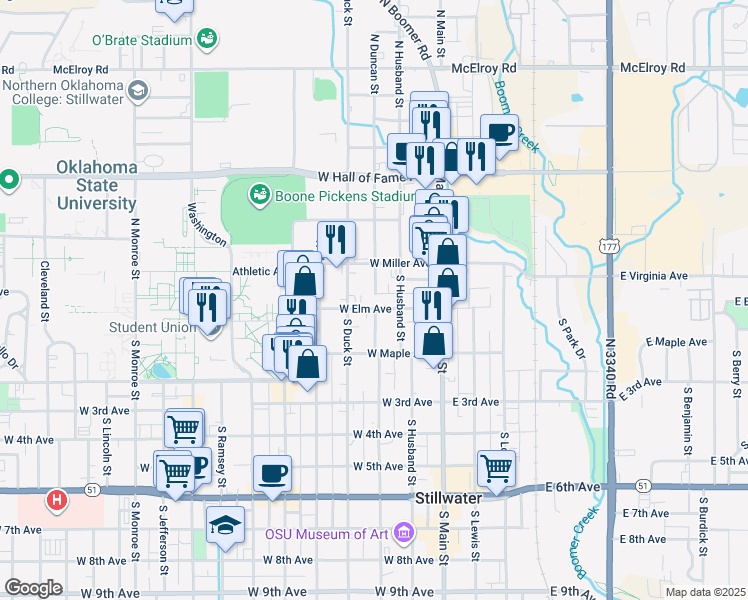 map of restaurants, bars, coffee shops, grocery stores, and more near 13 North Duncan Street in Stillwater