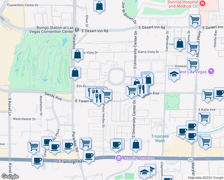 map of restaurants, bars, coffee shops, grocery stores, and more near 585 South Royal Crest Circle in Las Vegas