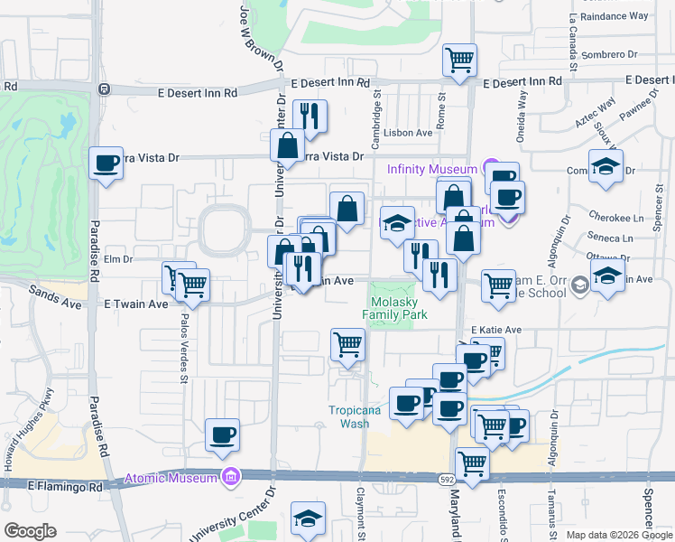 map of restaurants, bars, coffee shops, grocery stores, and more near 3675 Cambridge Street in Las Vegas
