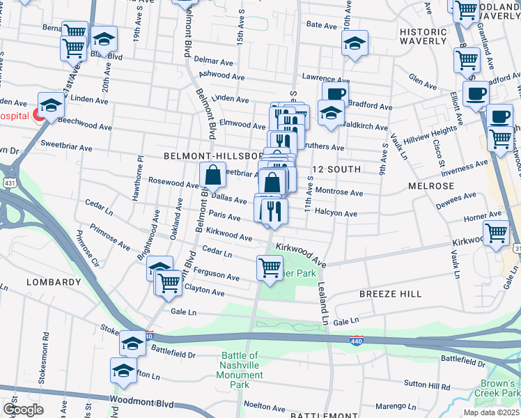 map of restaurants, bars, coffee shops, grocery stores, and more near 1212 Dallas Avenue in Nashville