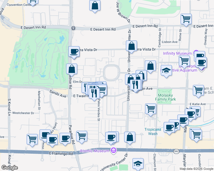 map of restaurants, bars, coffee shops, grocery stores, and more near 585 South Royal Crest Circle in Las Vegas