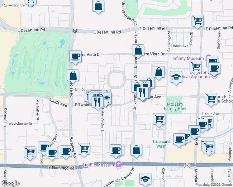 map of restaurants, bars, coffee shops, grocery stores, and more near 595 South Royal Crest Circle in Las Vegas