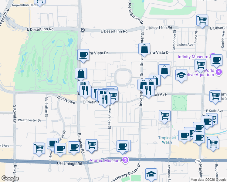 map of restaurants, bars, coffee shops, grocery stores, and more near 140 Elm Drive in Las Vegas
