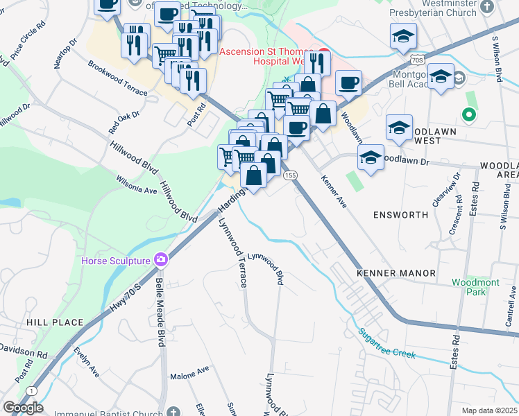 map of restaurants, bars, coffee shops, grocery stores, and more near 4525 Harding Pike in Nashville