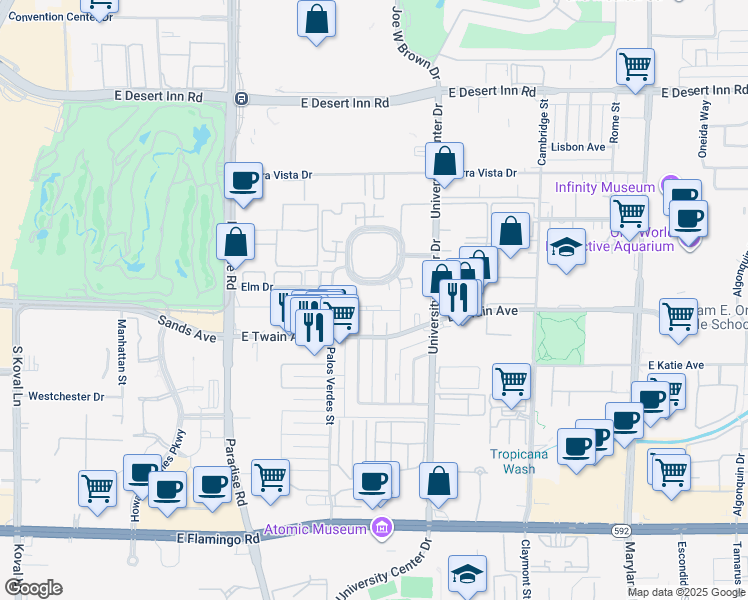 map of restaurants, bars, coffee shops, grocery stores, and more near 595 South Royal Crest Circle in Las Vegas