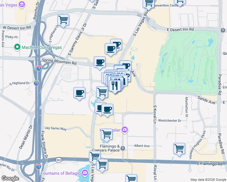 map of restaurants, bars, coffee shops, grocery stores, and more near 3355 Las Vegas Boulevard South in Las Vegas