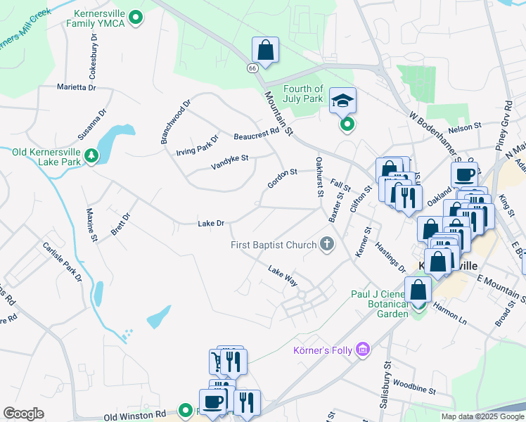 map of restaurants, bars, coffee shops, grocery stores, and more near 609 Lake Drive in Kernersville