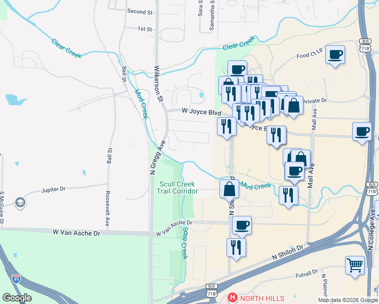 map of restaurants, bars, coffee shops, grocery stores, and more near 2503 West Mary Drive in Fayetteville