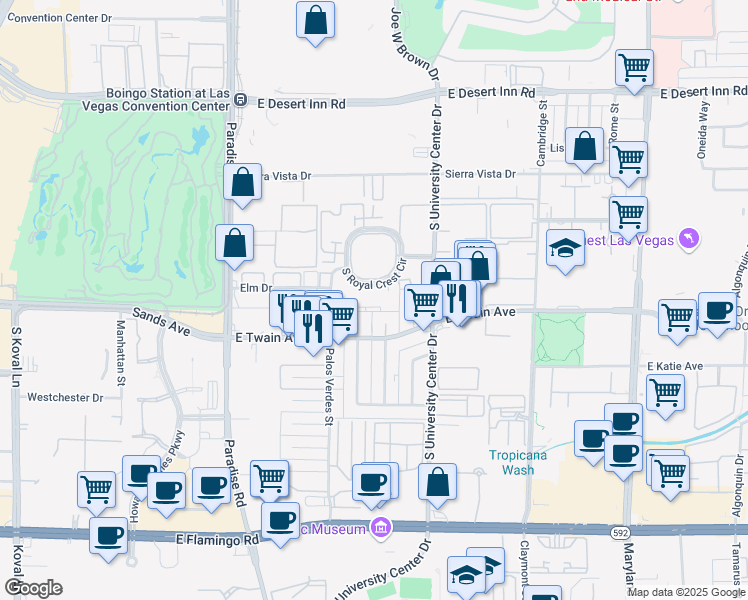 map of restaurants, bars, coffee shops, grocery stores, and more near 595 South Royal Crest Circle in Las Vegas