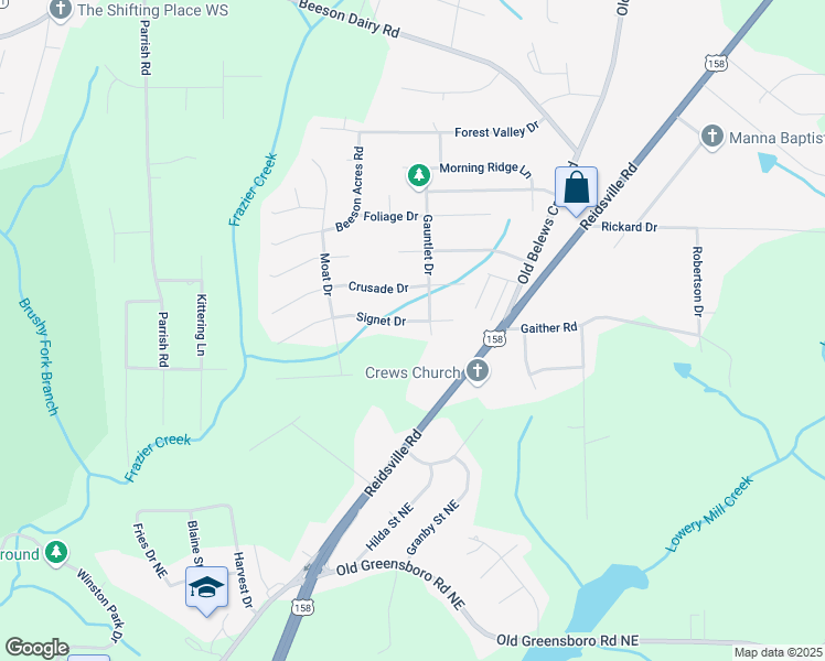 map of restaurants, bars, coffee shops, grocery stores, and more near 3744 Signet Drive in Winston-Salem