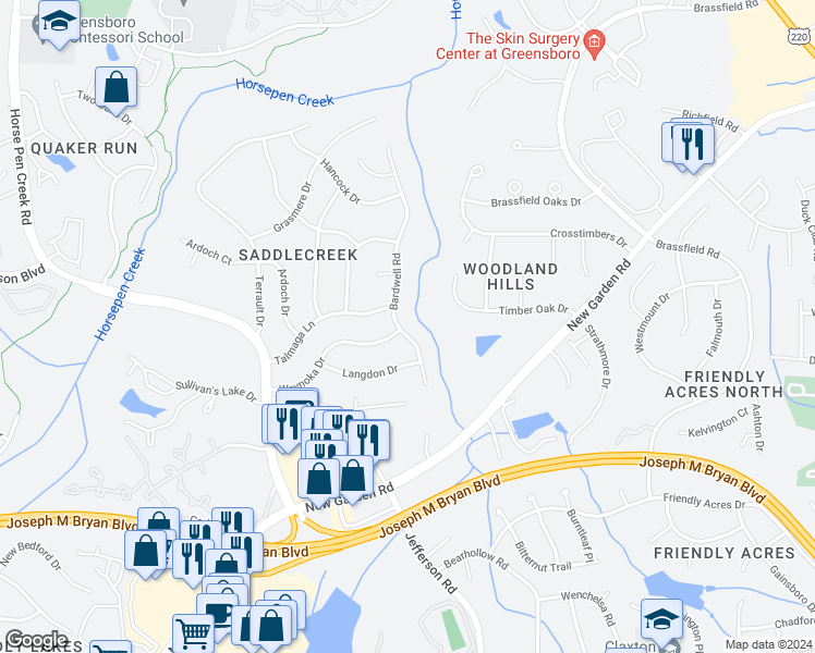 map of restaurants, bars, coffee shops, grocery stores, and more near 2810 Bardwell Road in Greensboro