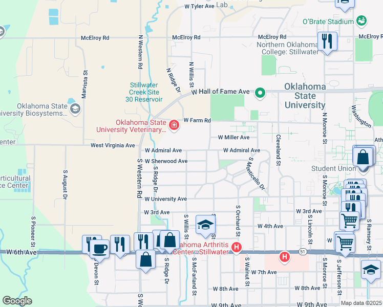 map of restaurants, bars, coffee shops, grocery stores, and more near 2022 West Admiral Road in Stillwater