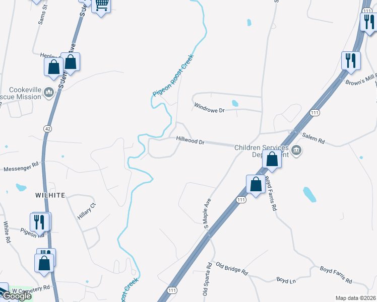 map of restaurants, bars, coffee shops, grocery stores, and more near 551 Hillwood Drive in Cookeville