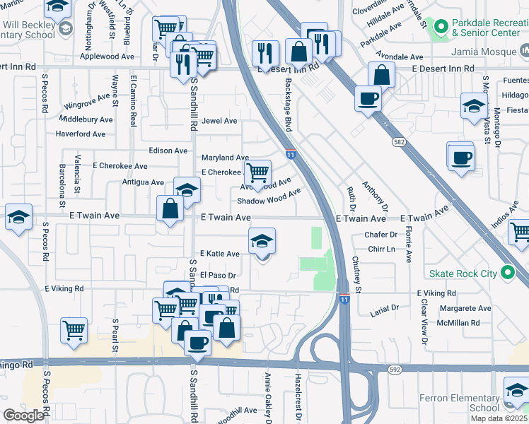 map of restaurants, bars, coffee shops, grocery stores, and more near 4001 Shadow Wood Avenue in Las Vegas