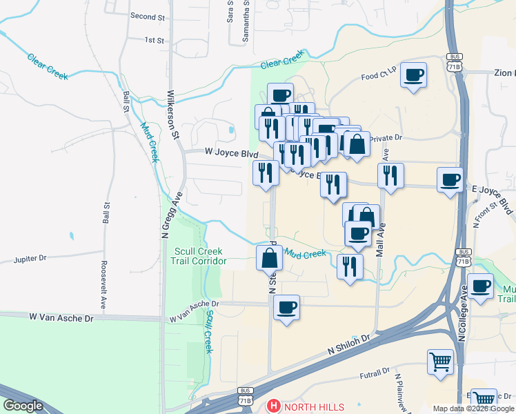 map of restaurants, bars, coffee shops, grocery stores, and more near 3921 North Steele Boulevard in Fayetteville