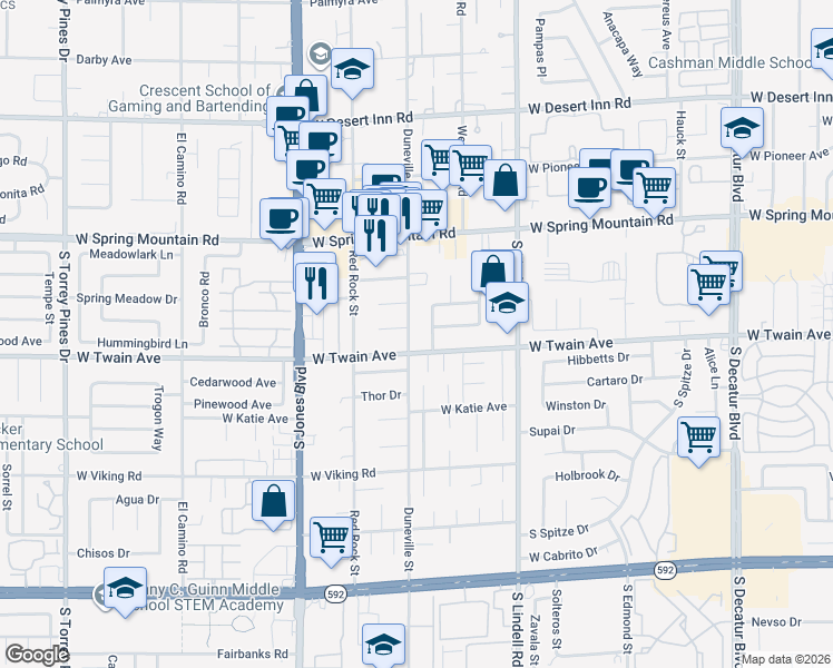 map of restaurants, bars, coffee shops, grocery stores, and more near 3674 Duneville Street in Las Vegas