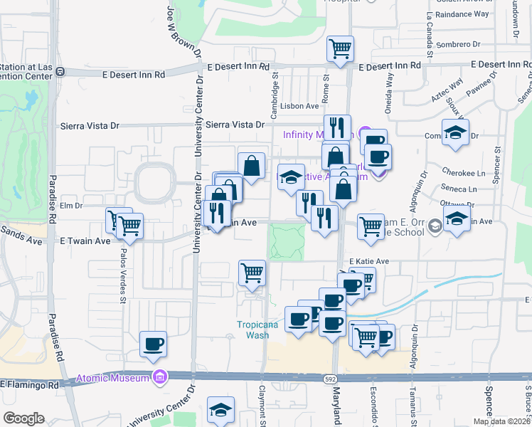map of restaurants, bars, coffee shops, grocery stores, and more near 3665 Cambridge Street in Las Vegas