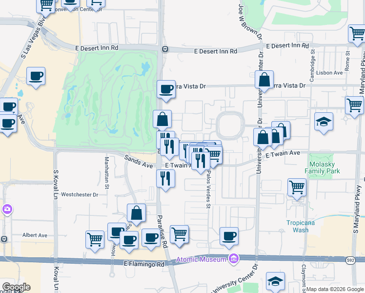 map of restaurants, bars, coffee shops, grocery stores, and more near 3684 Paradise Road in Las Vegas