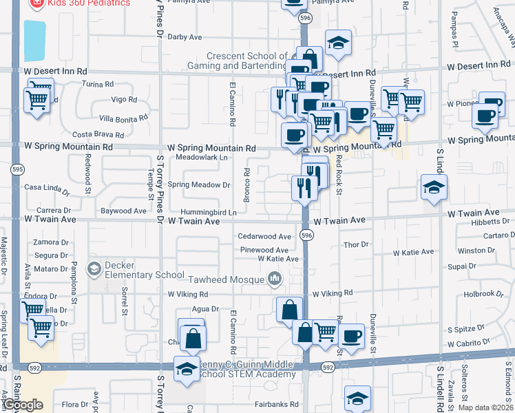 map of restaurants, bars, coffee shops, grocery stores, and more near 3636 Bronco Road in Las Vegas