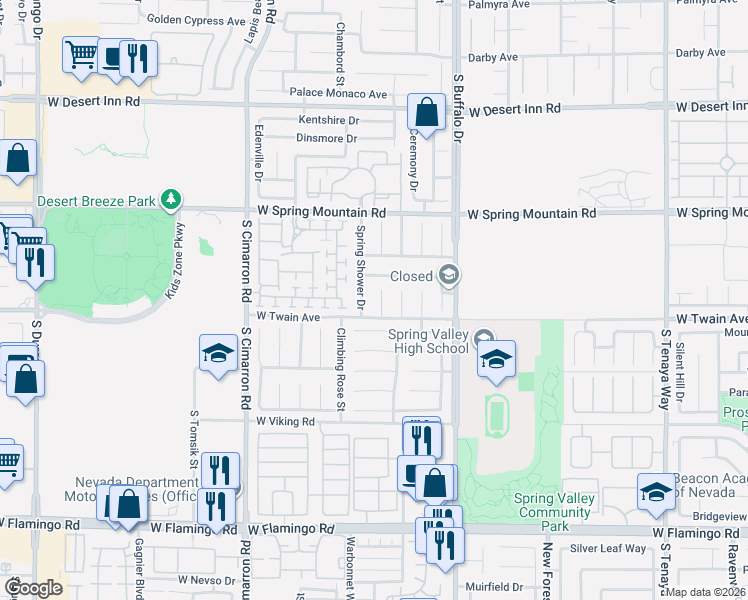 map of restaurants, bars, coffee shops, grocery stores, and more near 3649 Spring Willow Court in Las Vegas