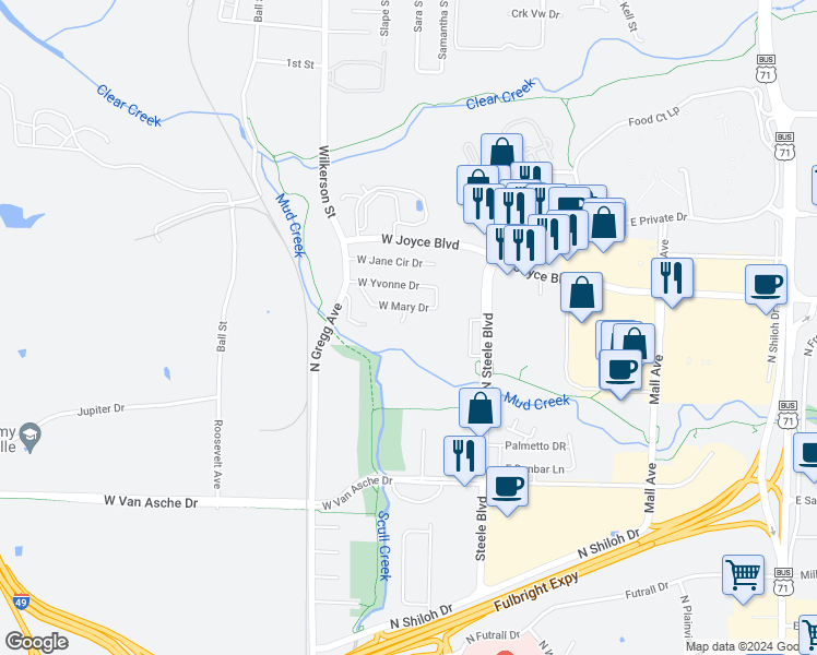 map of restaurants, bars, coffee shops, grocery stores, and more near 2443 West Mary Drive in Fayetteville