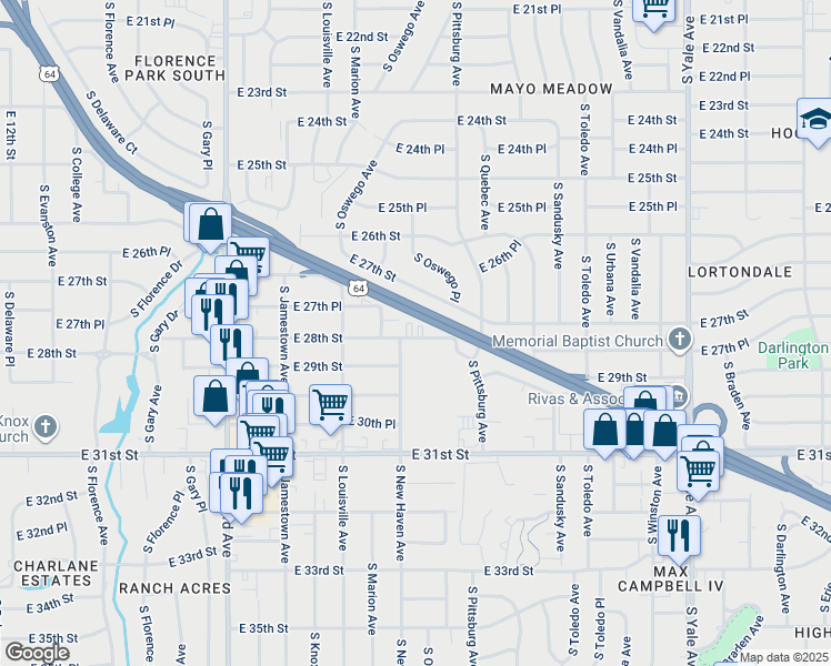 map of restaurants, bars, coffee shops, grocery stores, and more near 3927 East 28th Street in Tulsa