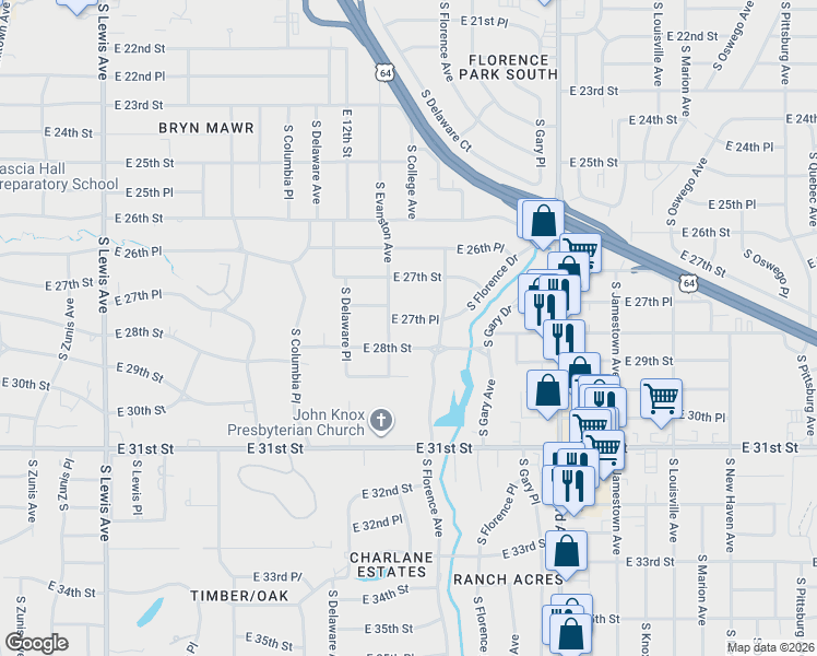 map of restaurants, bars, coffee shops, grocery stores, and more near 2923 East 27th Place in Tulsa