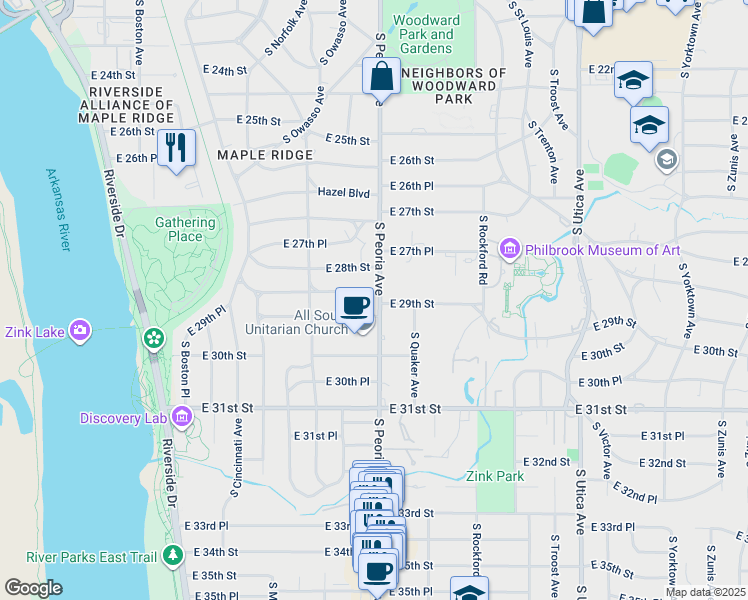 map of restaurants, bars, coffee shops, grocery stores, and more near 1257 East 29th Street in Tulsa