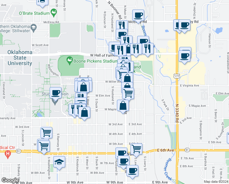 map of restaurants, bars, coffee shops, grocery stores, and more near 120 N3330 Road in Stillwater