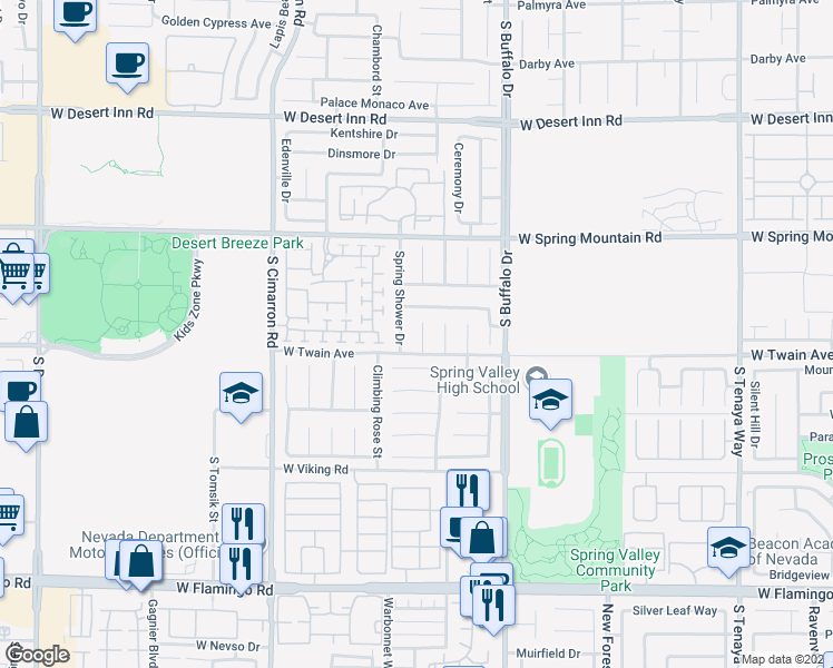 map of restaurants, bars, coffee shops, grocery stores, and more near 3667 Spring Willow Court in Las Vegas