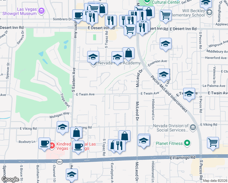 map of restaurants, bars, coffee shops, grocery stores, and more near 2701 Laguna Shores Lane in Las Vegas