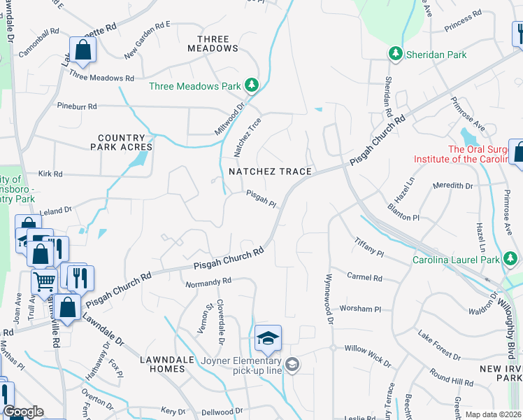 map of restaurants, bars, coffee shops, grocery stores, and more near 3047 Pisgah Place in Greensboro