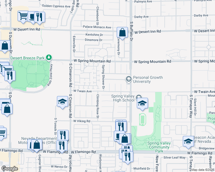 map of restaurants, bars, coffee shops, grocery stores, and more near 3667 Spring Willow Court in Las Vegas