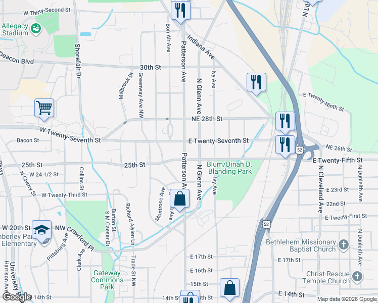 map of restaurants, bars, coffee shops, grocery stores, and more near 2520 Glenn Avenue Northeast in Winston-Salem