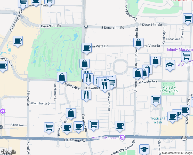 map of restaurants, bars, coffee shops, grocery stores, and more near 3684 Paradise Road in Las Vegas