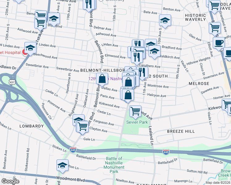 map of restaurants, bars, coffee shops, grocery stores, and more near 1212 Dallas Avenue in Nashville