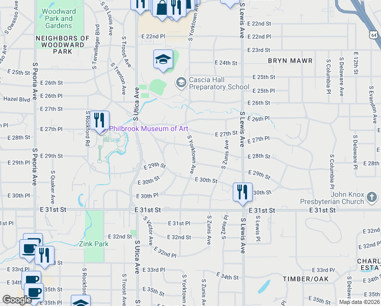 map of restaurants, bars, coffee shops, grocery stores, and more near 2802 South Yorktown Avenue in Tulsa