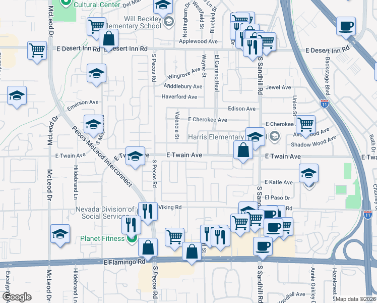 map of restaurants, bars, coffee shops, grocery stores, and more near 3516 E Twain Ave in Las Vegas